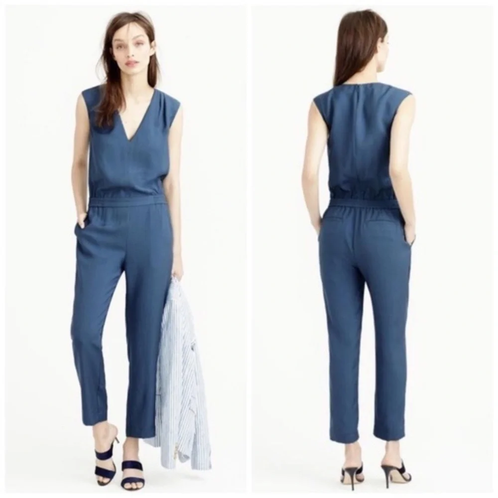 J.Crew Blue Drapey Oxford Crepe V-Neck Crop Pant One Piece Jumpsuit (4) - Picture 1 of 1